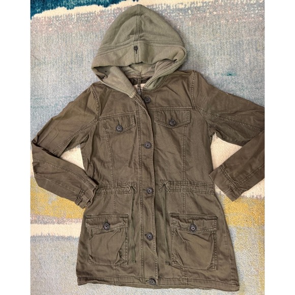 VTG‎ Hollister Utility Chore Jacket L Hood Army Green Zip Button Y2K Grunge - Picture 9 of 16